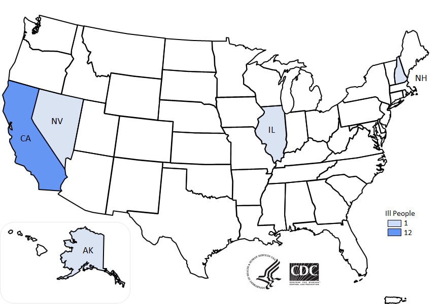Map of United States - People infected with the outbreak strains of multiple gastrointestinal illnesses, by state of residence, as of June 21, 2019