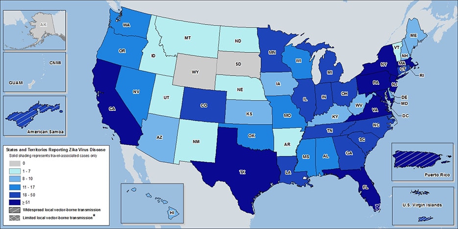 	Map of the United States showing Travel-associated and Locally acquired cases of the Zika virus.  The locations and number of cases can be found in the table below.