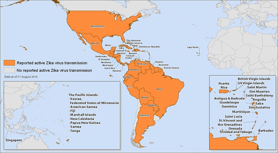 	World map showing countries and territories with reported active transmission of Zika virus. Countries are listed in the table below.
