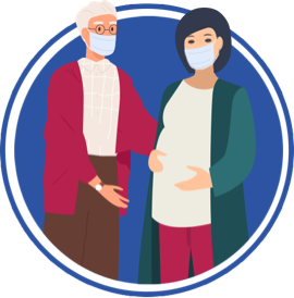icon of older man and pregnant woman both with masks on