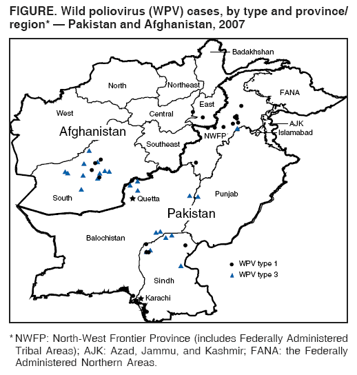 FIGURE. Wild poliovirus (WPV) cases, by type and province/
region* � Pakistan and Afghanistan, 2007