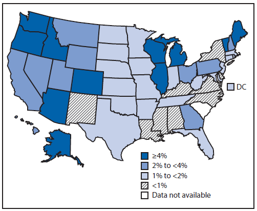 The figure above shows the estimated percentage of children enrolled in kindergarten who have been exempted from receiving one or more vaccines in the United States during the 2012-13 school year. An estimated 91,453 exemptions were reported among a total estimated population of 4,242,558 kindergarteners. Overall, among the 49 states and District of Columbia that reported 2012-13 school vaccination exemptions, the percentage of kindergarteners with an exemption was <1% for nine awardees and >4% for 11 awardees (range: <0.1% in Mississippi to 6.5% in Oregon), with a median of 1.8%.