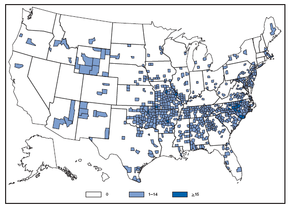 Rocky Mountain Spotted Fever. Number of reported cases, by county --- United States, 2007