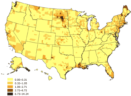 Map of the United States showing percentage of linguistically isolated Indo-European�language households, United States. The greatest percentages (6.73%-14.24%) are located in the upper Northeast (New Hampshire and Maine), Louisiana, North and South Dakota, and Montana.