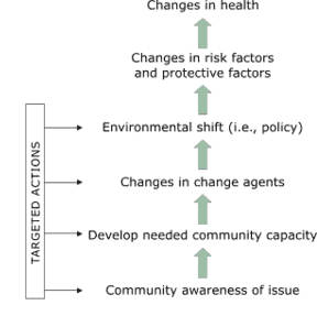 Along the left side is a vertical bar labeled �Targeted Actions.� From this bar there are four arrows that point to the right. The one at the bottom points to �Community awareness of issue� which has an arrow above it pointing upward. Above the arrow, the second arrow pointing to the right points to �Develop needed community capacity,� which has an arrow above it pointing upward. Above this arrow, the third arrow pointing right points to �Changes in change agents,� which has an arrow above it pointing upward. Above this arrow, the fourth arrow pointing right points to �Environmental shift (i.e., policy),� which has an arrow above it pointing upward. Above this arrow is �Changes in risk factors and protective factors,� which has an arrow above it pointing upward. Above this arrow is �Changes in health.�