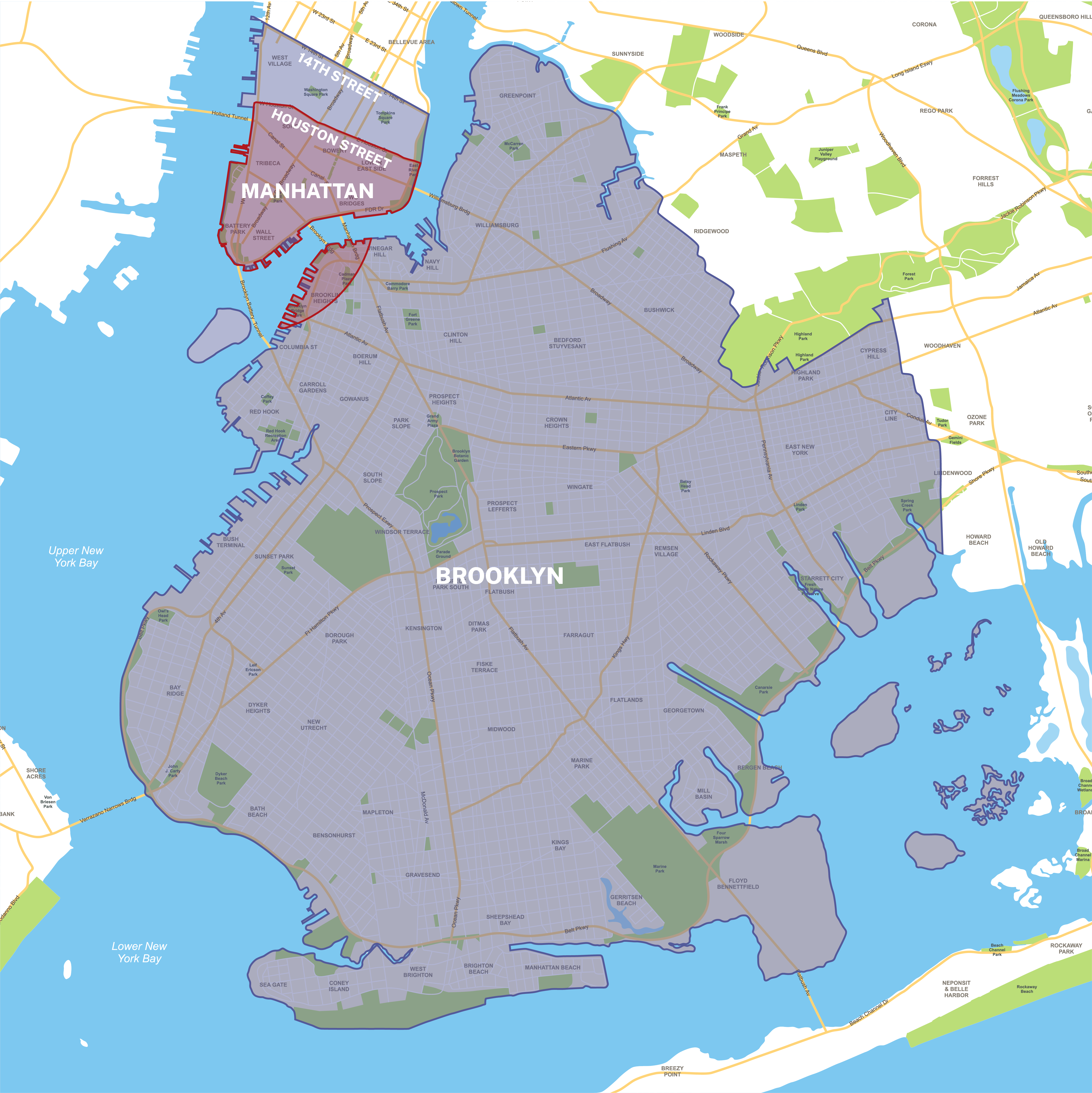 Map showing New York City disaster area (red outline around Lower Manhattan) and larger purple-shaded area of Brooklyn and Lower Manhattan for Youth Research Cohort participation