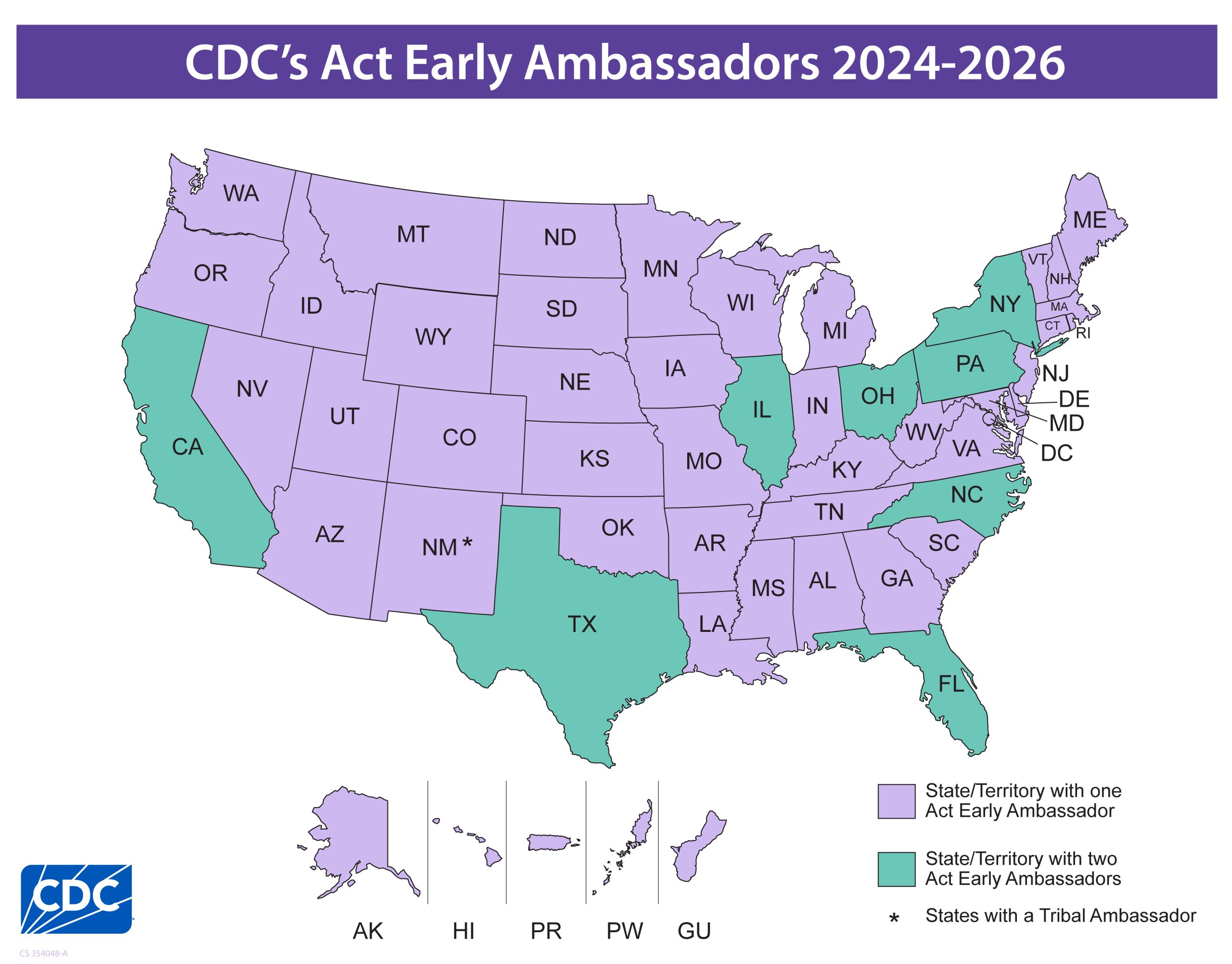 A map of the U.S. that displays the number of act early ambassadors by state.