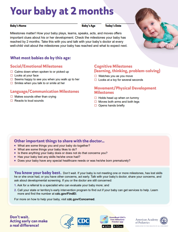 A flyer for a two-month-old milestone checklist.