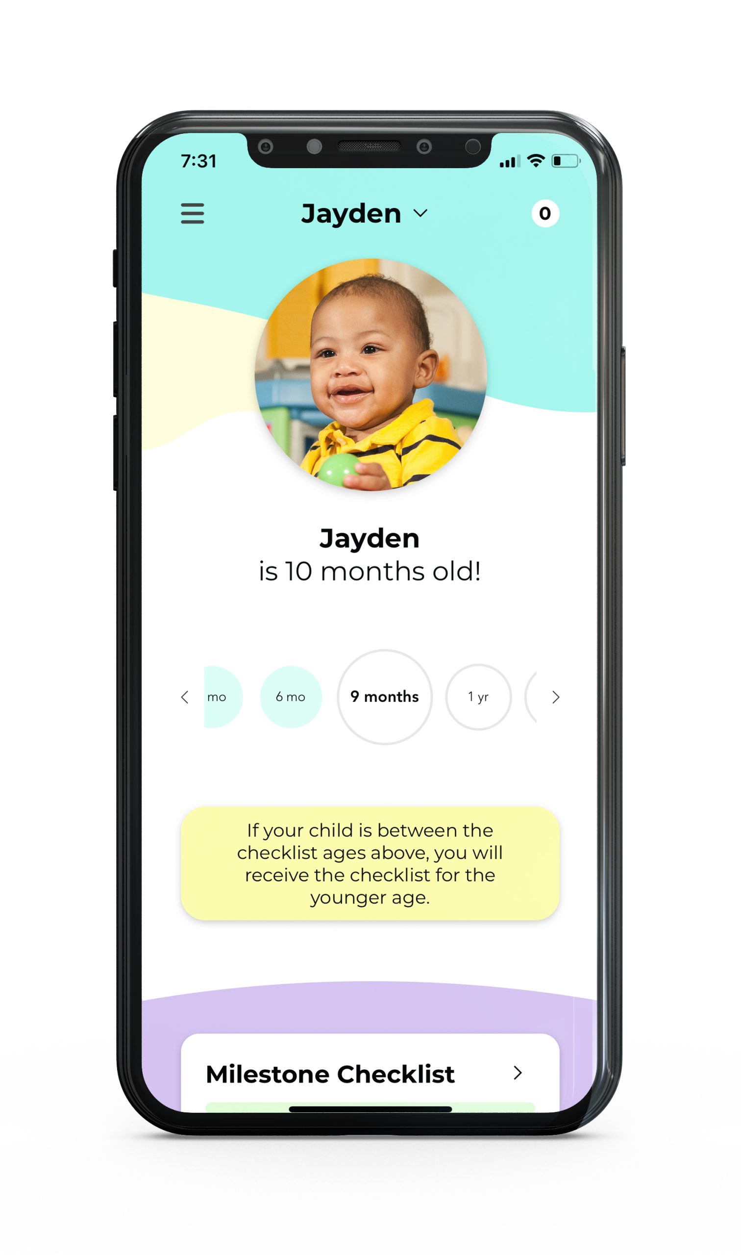 An iPhone screen displaying the home page of the Milestone Tracker app which features a 10-month-old boy named Jayden.