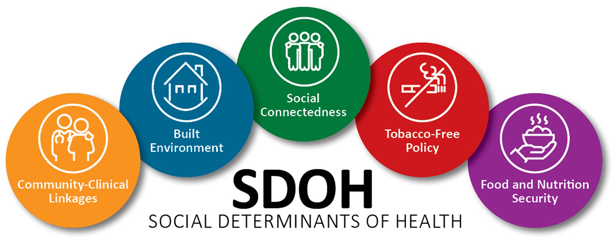 Graphic of five overlapping circles representing the five social determinants of health: community-clinical linkages, built environment, social connectedness, tobacco-free policy, and food and nutrition security.