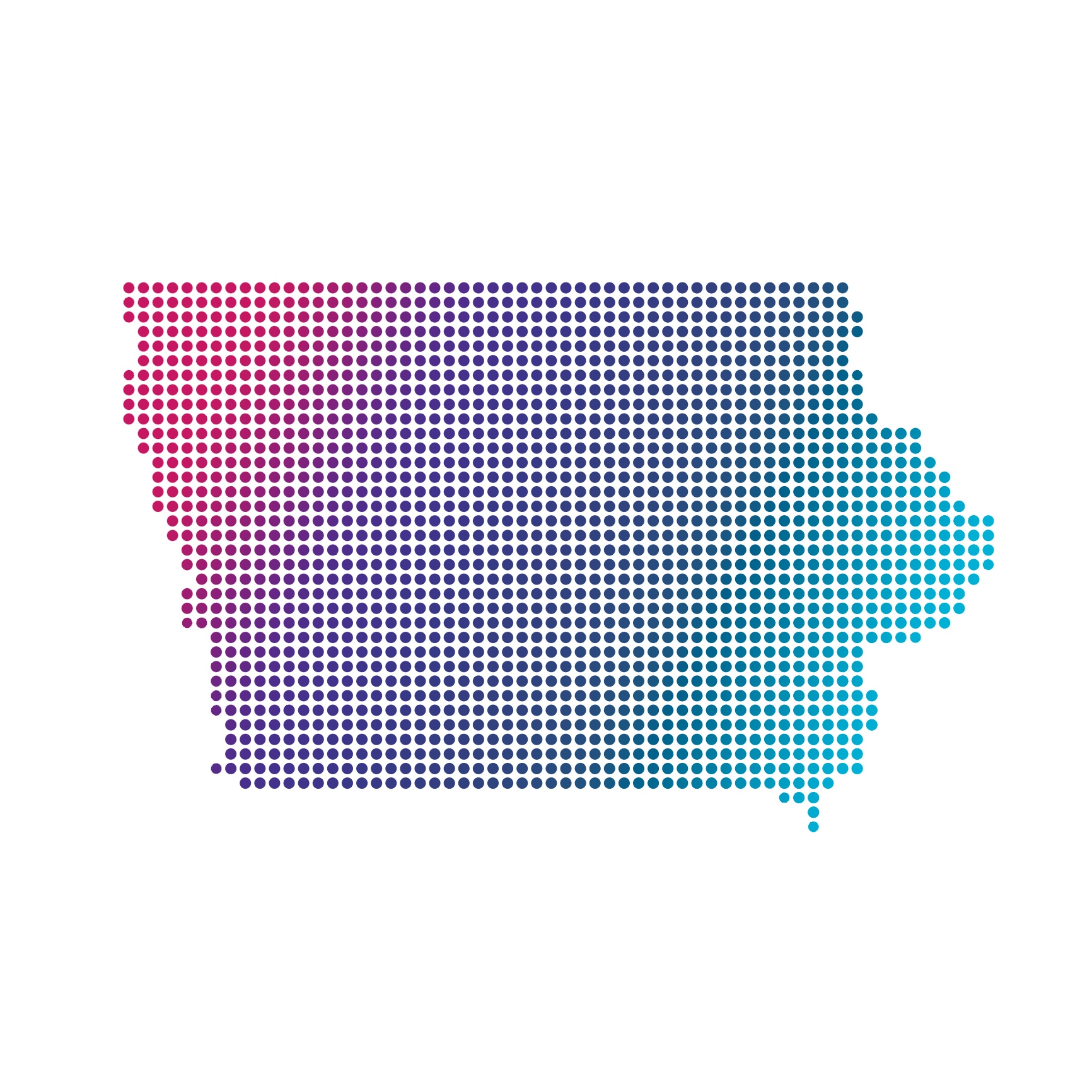Iowa map of blue dots on white background