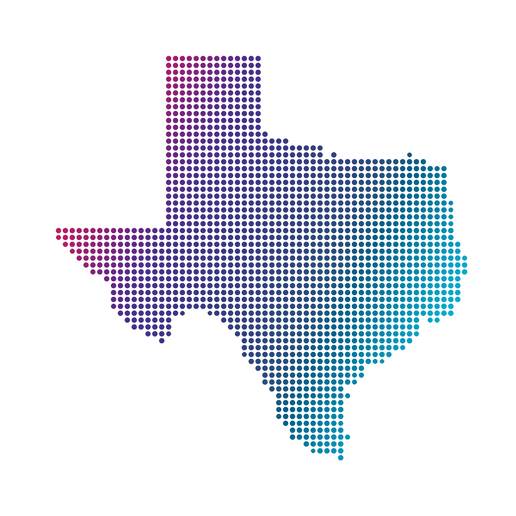 Texas map of blue dots on white background