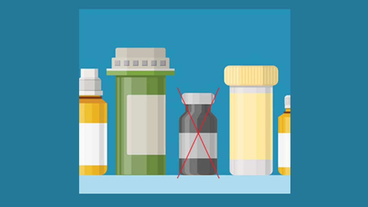 An illustration of a row of medicine bottles that are varying sizes and colors including yellow, green, and brown. The brown bottle has a red X superimposed on it to indicate that the medicine is not effective.