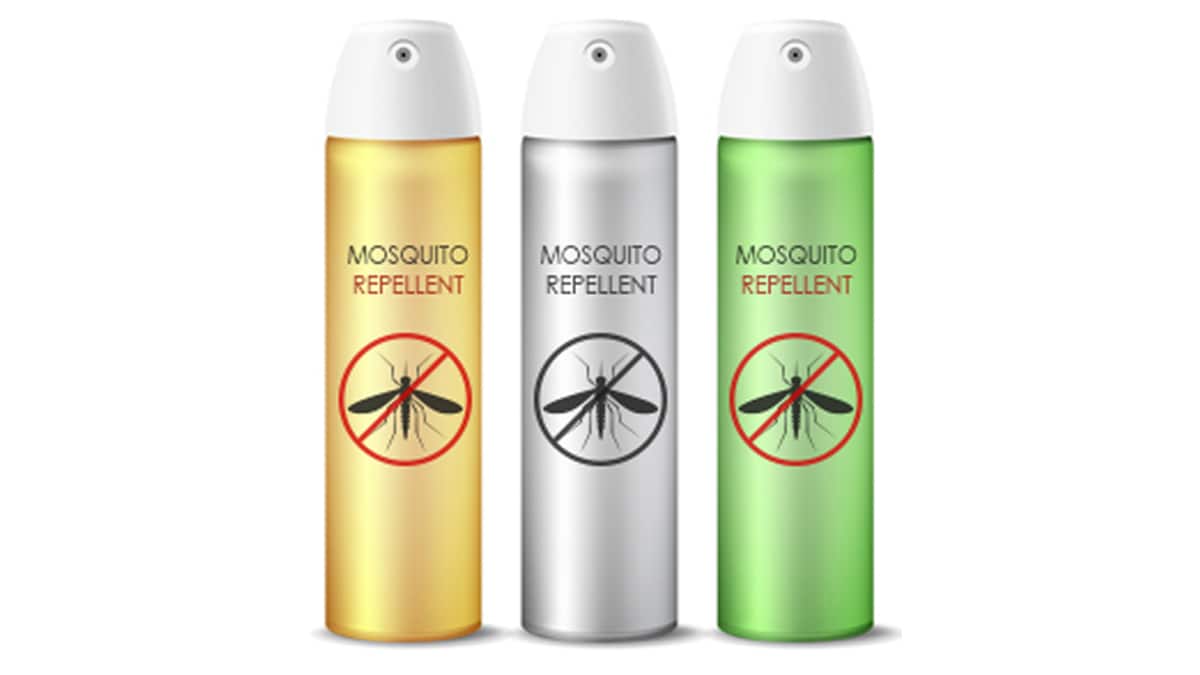An illustration of bug spray cans. One is yellow. The middle one is grey, and the third one is green. Each has the words Mosquito Repellent and a graphic of a black mosquito surrounded by a circle with a diagonal slash across it. That symbol indicates the repellents are not effective.