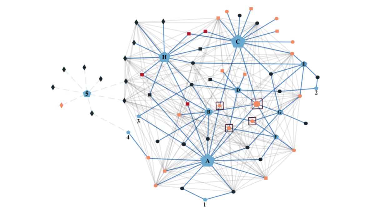 Diagram of shapes that represent people and places with connecting lines based on data type.