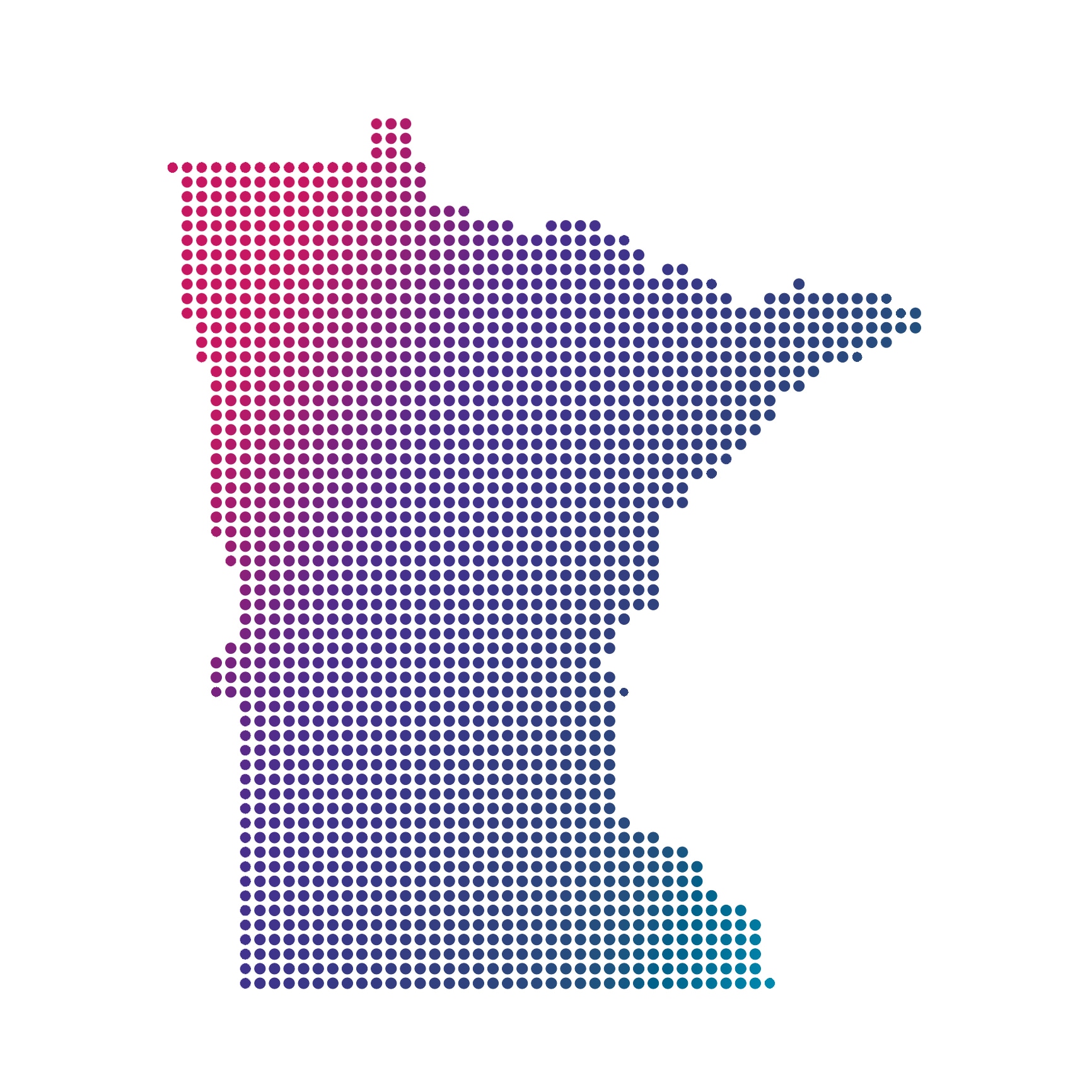 Minnesota map of colored dots on white background