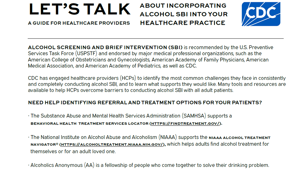 let's talk about incorporating alcohol sbi into your healthcare practice - black and white print-friendly pdf