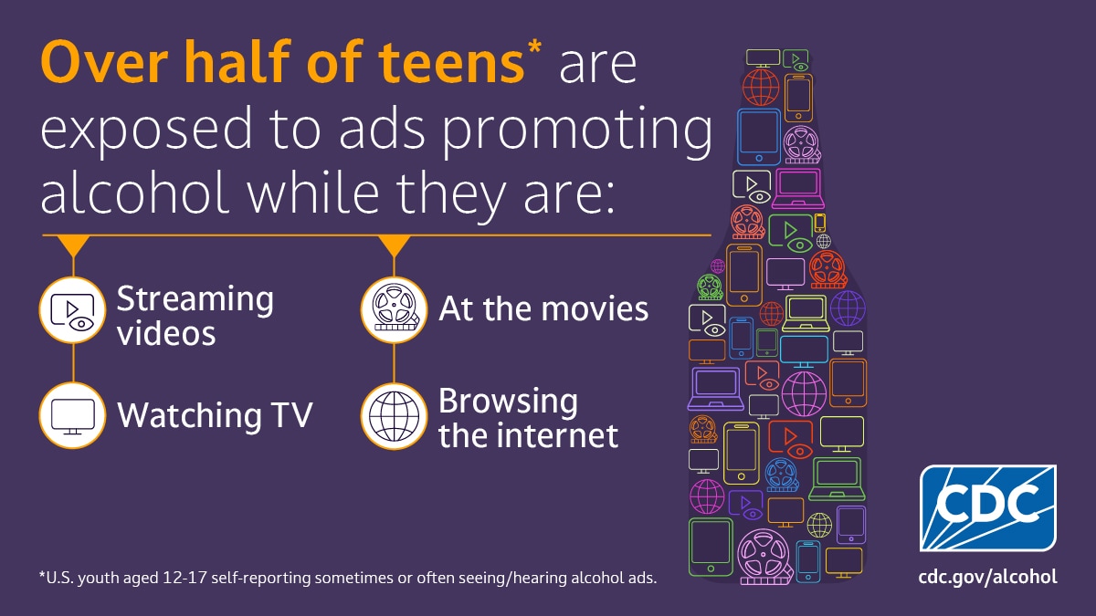 Digital technology icons in form of bottle with text, "Over half of teens are exposed to ads promoting alcohol while streaming videos, watching TV, browsing the internet, or at the movies."