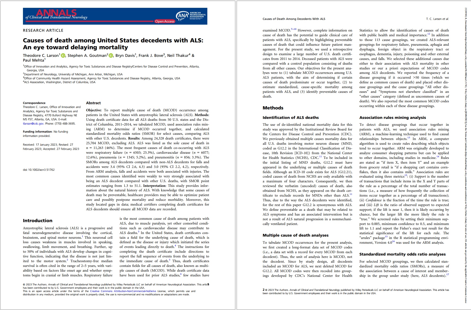 Screenshot of the first two pages of Larson - Causes of death paper