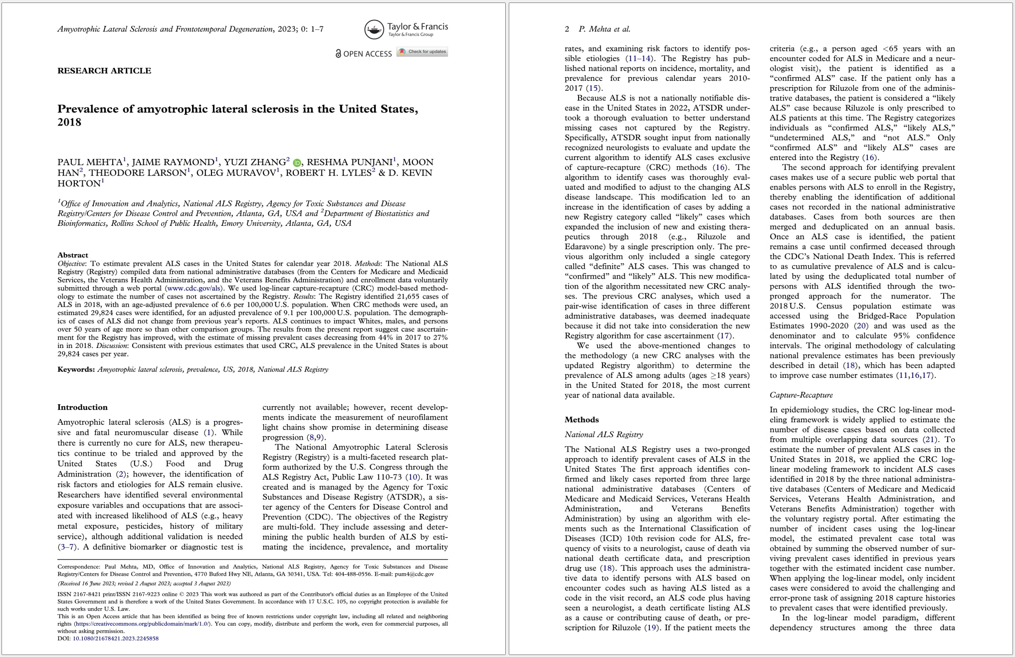 Screenshot of the first two pages of ALS Prevalence 2018 paper