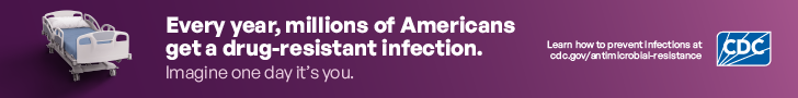 Hospital bed on center of page. Every year, millions of Americans get a drug-resistant infection.