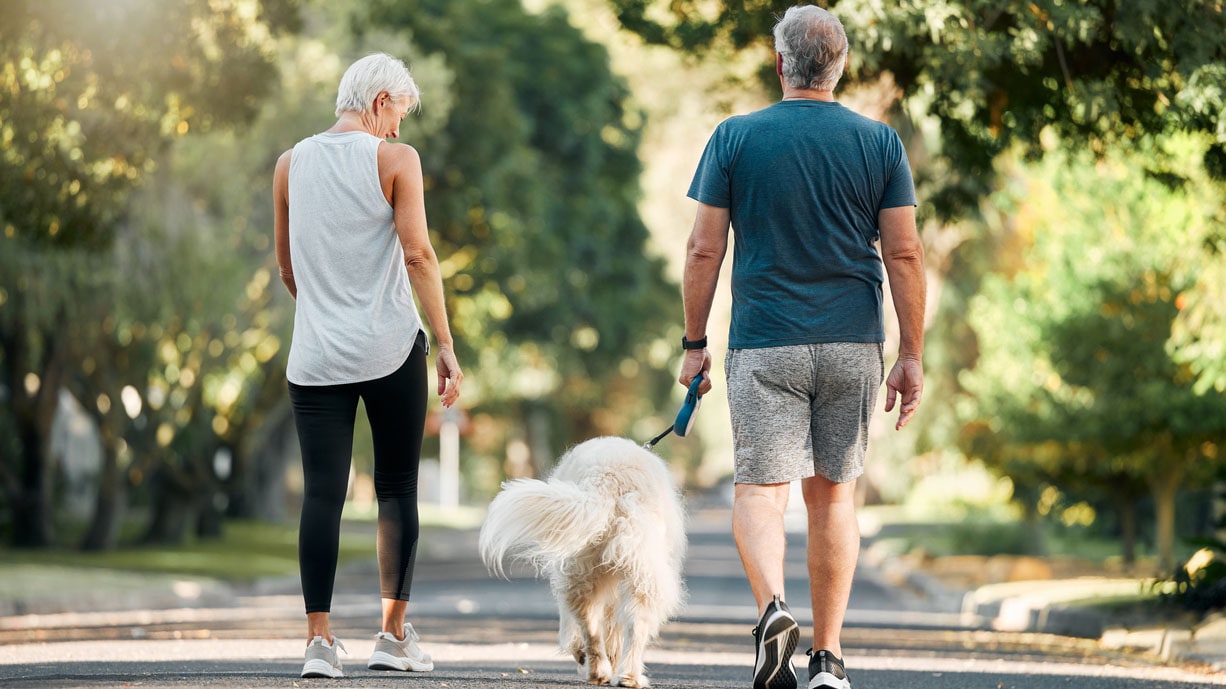 Older man and woman walking with their dog as a form of physical activity