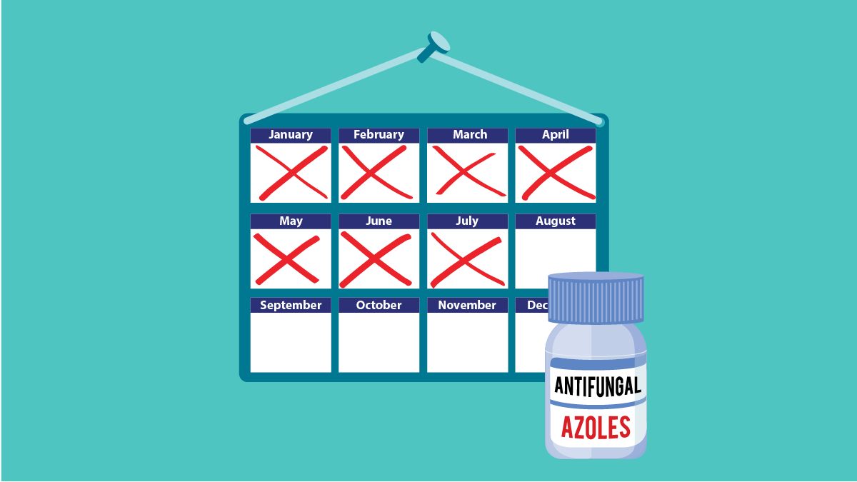 Calendar with several days crossed off beside a bottle of azole antifungal medication.