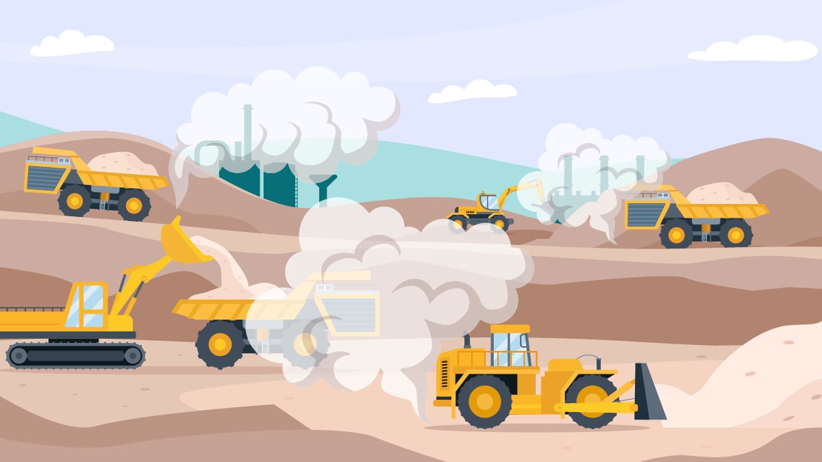 An illustration of a construction site with dust flying around.