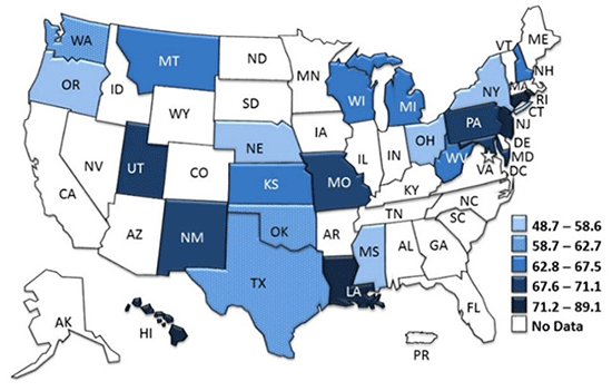 AsthmaStats_FluVaccinationChildren_map Percentage of Flu Vaccination among Children aged 0-17 years with Asthma