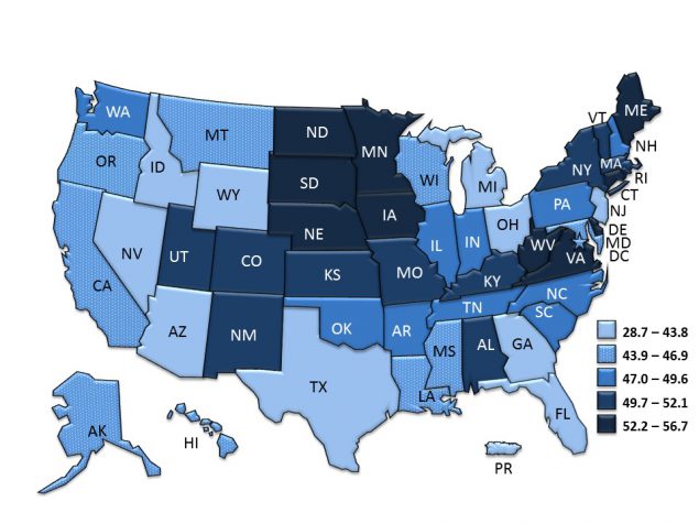 adult_flu percentage of flu vaccinations among adults USA map