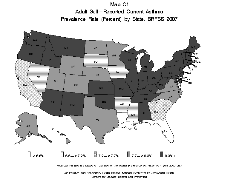 map c1 adult self reported current asthma prevalence rate(percent) by state BRFSS 2007 black and while
