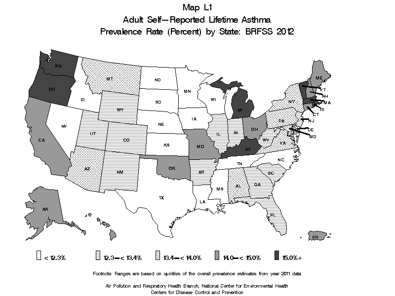 Map L1 (black and white) - Adult Self-Reported Lifetime Asthma Prevalance Rate (Percent) by State: BRFSS 2012