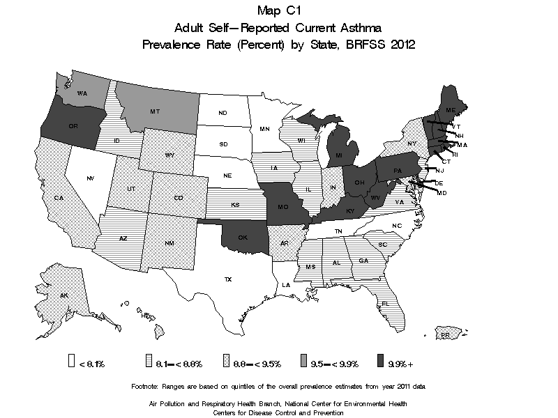 Map C1 (blank and white) - Adult Self-Reported Lifetime Asthma Prevalance Rate (Percent) by State: BRFSS 2012