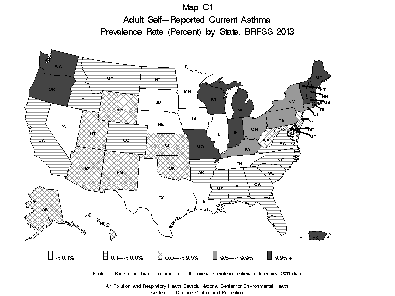 Map C1 (blank and white) - Adult Self-Reported Lifetime Asthma Prevalance Rate (Percent) by State: BRFSS 2013
