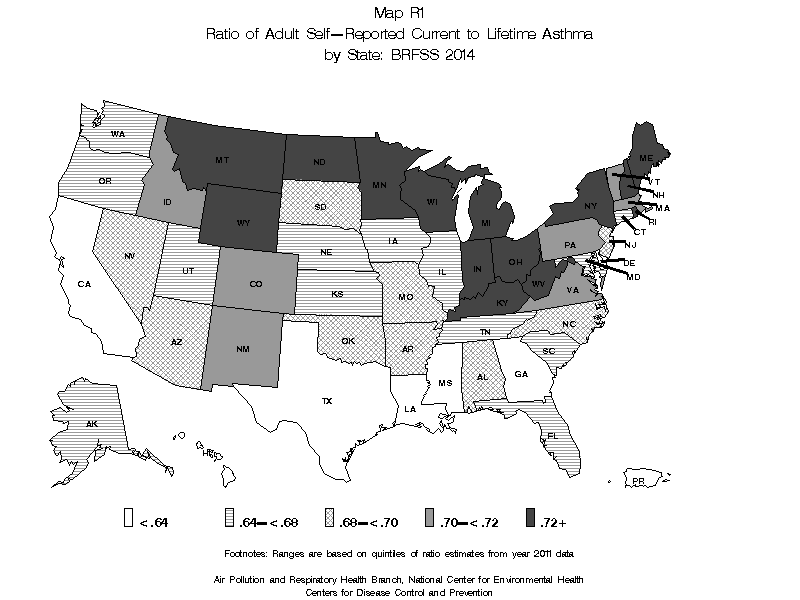 Map R1 (black and white) - Ratio of Adult Self-Reported Current to Lifetime Asthma by State: BRFSS 2013