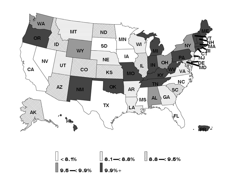 asthma-current-mapC1-bw-800x600 Adult self-reported current asthma prevalence rate (percent) by state: BRFSS 2016