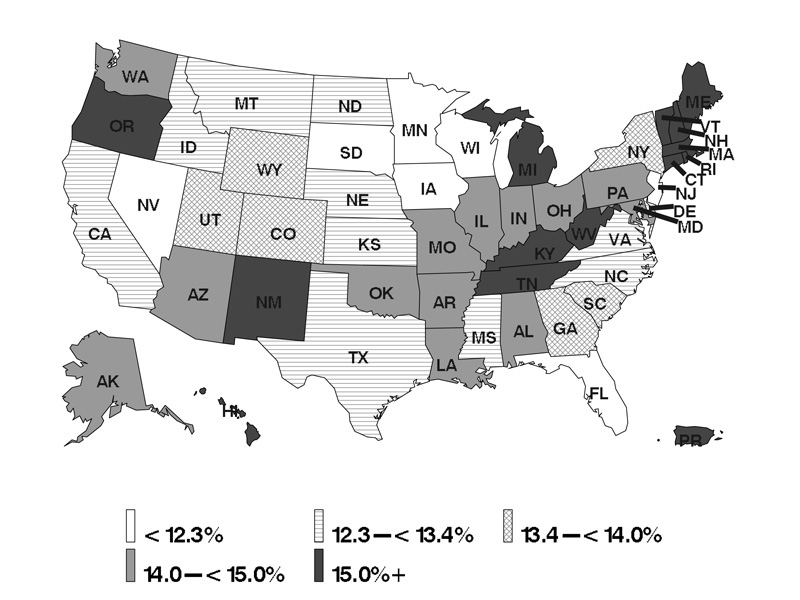 asthma-lifetime-mapL1-bw-800x600 Adult Self-Reported Lifetime Asthma Prevalence by State: BRFSS 2016
