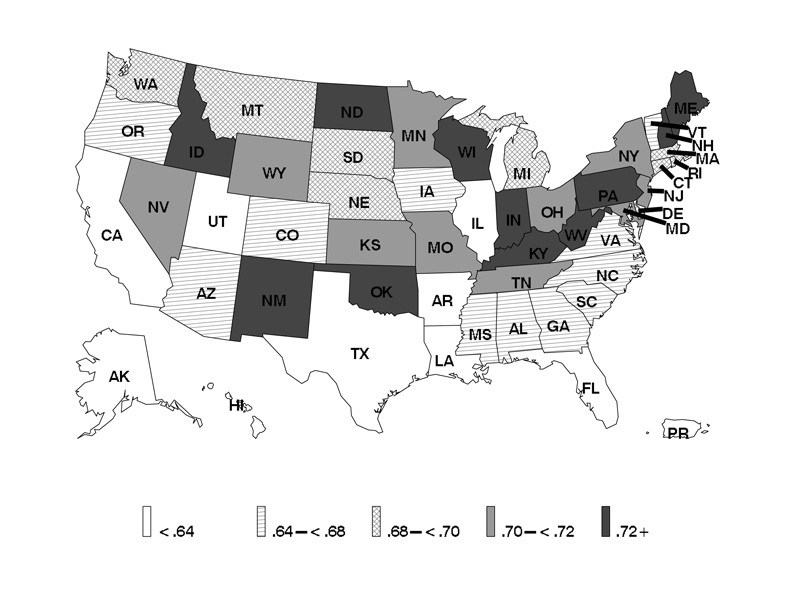 asthma-ratio-mapR1-bw-800x600 Ratio of Adult Self-Reported Current to Lifetime Asthma by State: BRFSS 2016