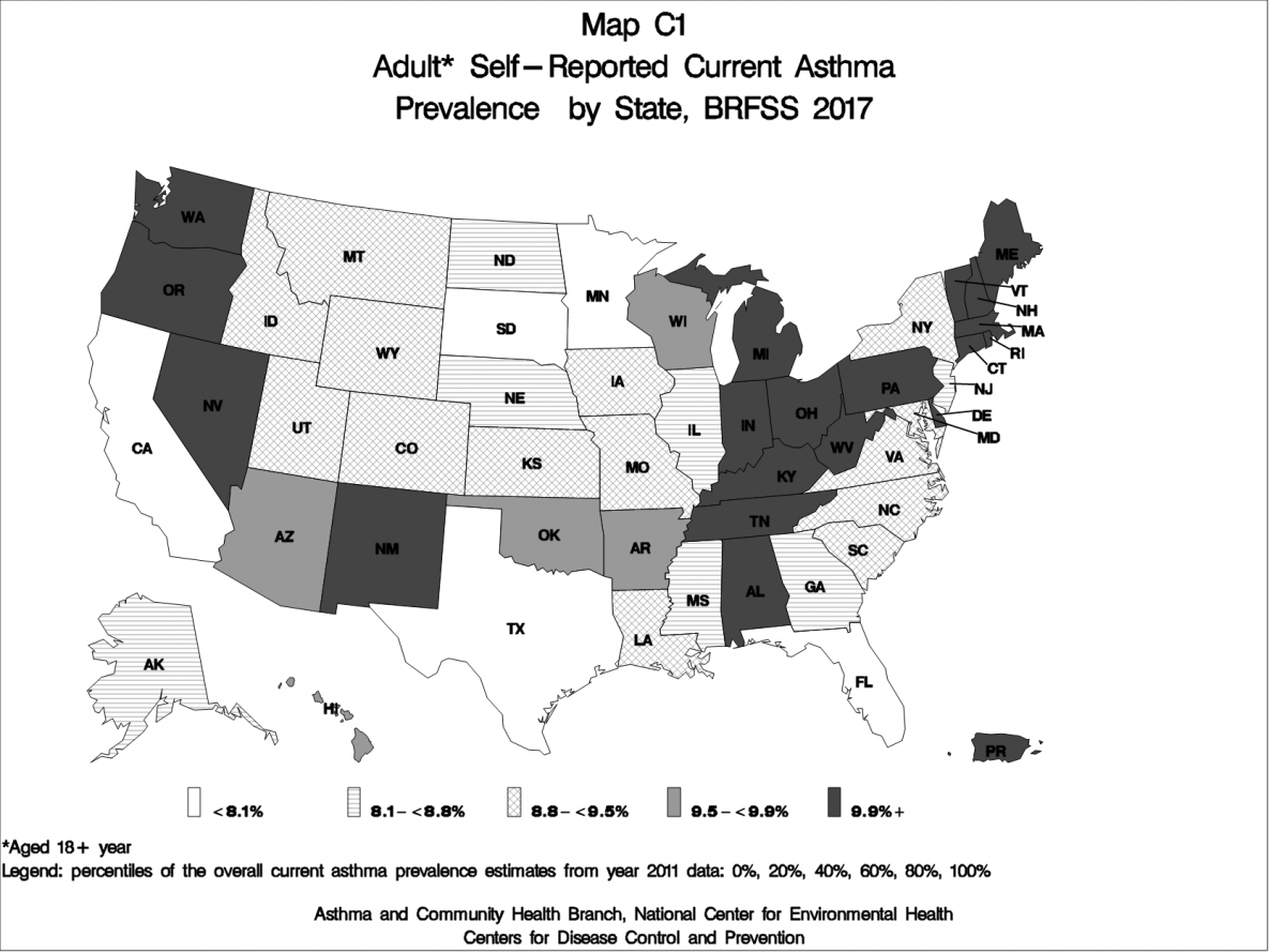 Adult self-reported Current asthma by state - BRFSS 2017