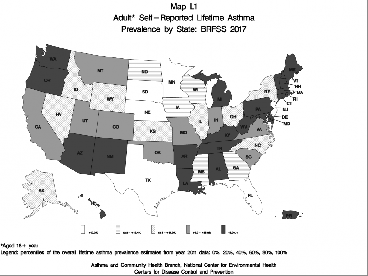 Adult self-reported Lifetime asthma by state - BRFSS 2017 (B&W)