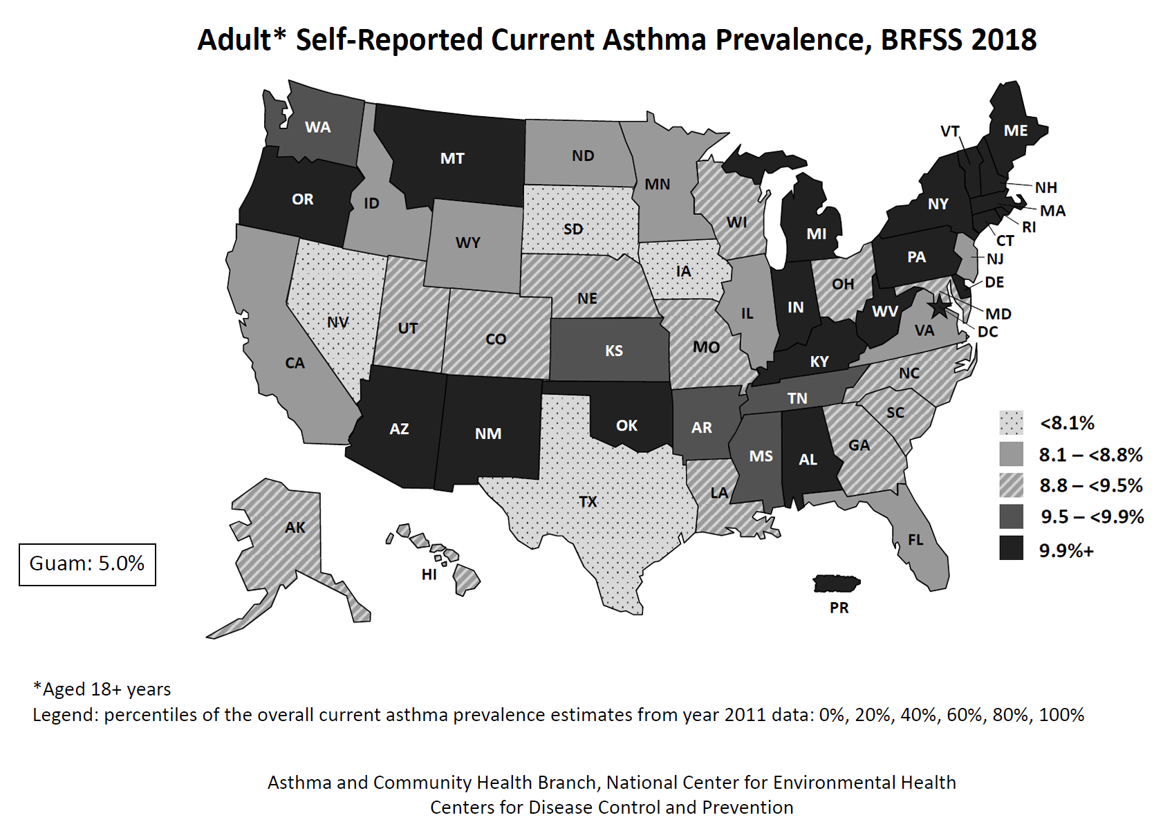 Black and white U.S. map showing adult self-reported current asthma prevalence by state for BRFSS 2018