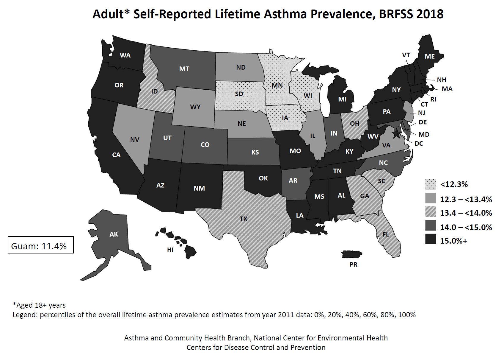 Black and white U.S. map showing adult self-reported lifetime asthma prevalence by state for BRFSS 2018