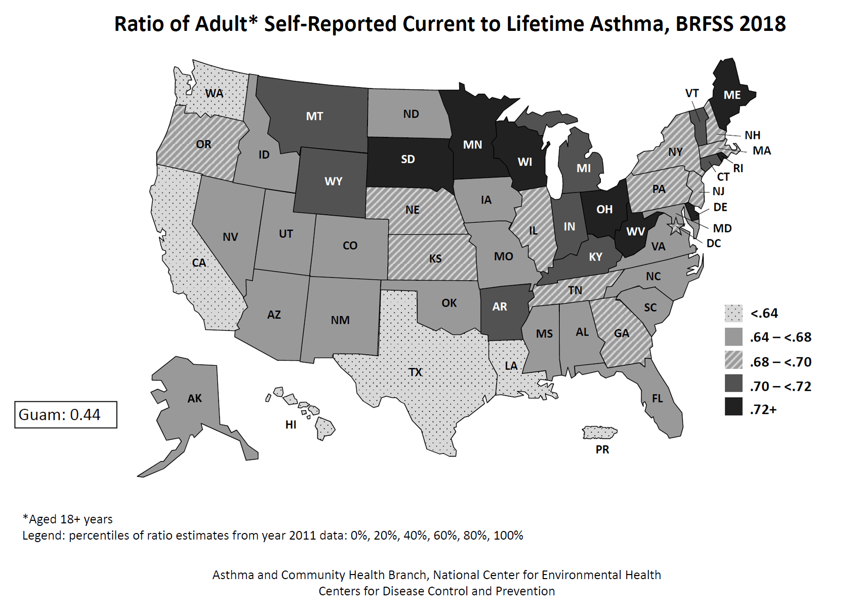 Black and white U.S. map showing ratio of adult self-reported current to lifetime asthma by state for BRFSS 2018