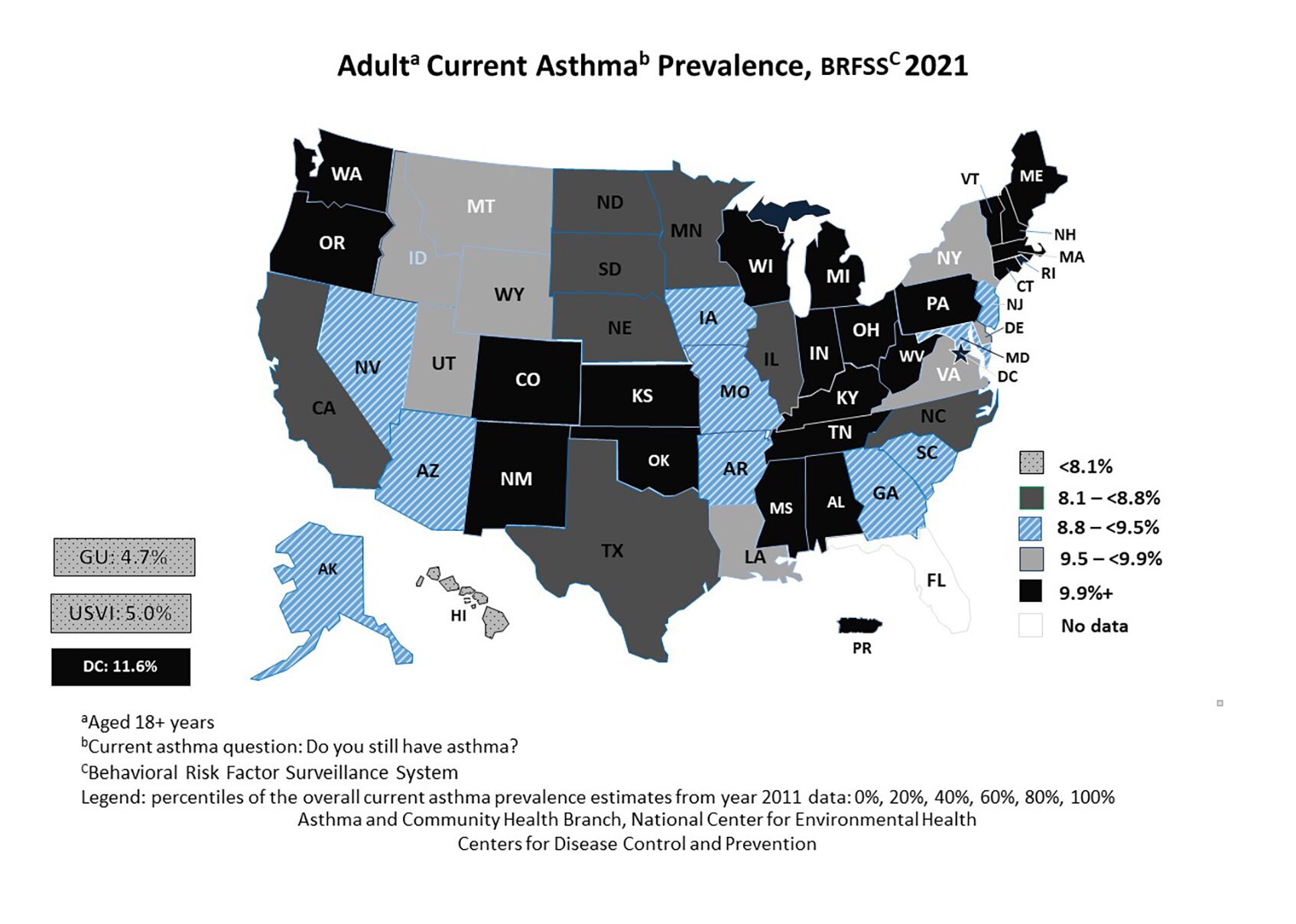 Black and white U.S. map showing adult self-reported current asthma prevalence by state for BRFSS 2020