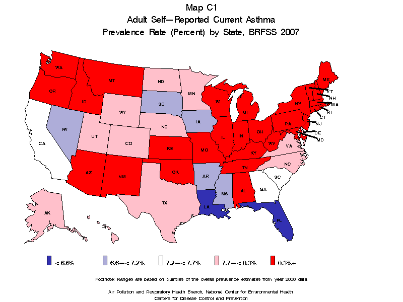 CDC - Asthma - BRFSS 2007 - Map C1 Current Prevalance Map (State)