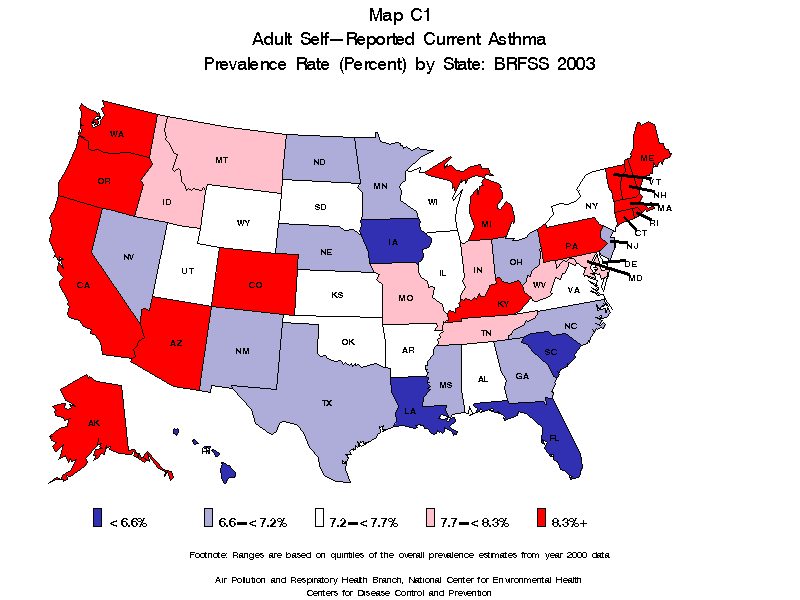 CDC - Asthma - BRFSS 2003 - Prevalence Tables And Maps - Map C1 (color)