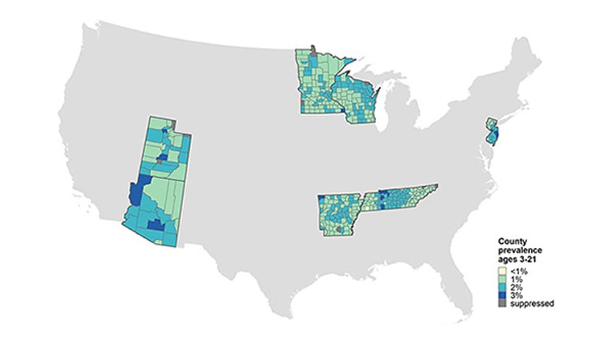A map of the United States showing the prevalence of autism by count in AZ, AK, MN, NJ, TN, UT, and WI.
