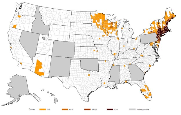 Map showing babesiosis data across the U.S. for 2021