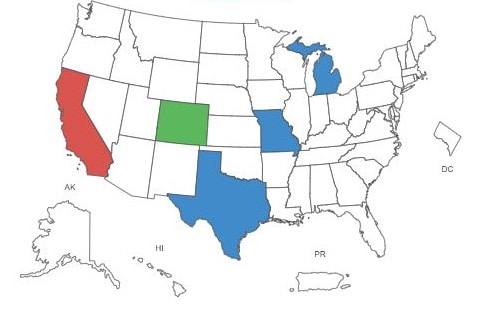 States shaded include CA, CO, TX, MO, and MI