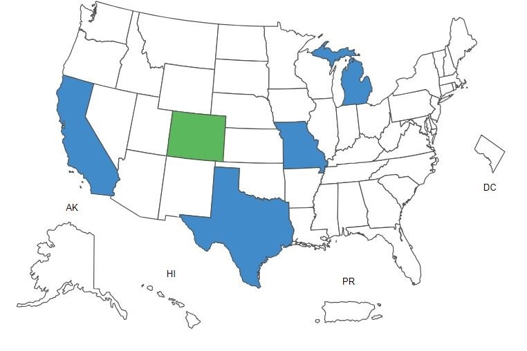 Map of the U.S. with states highlighted: California, Minnesota, Missouri, Colorado, and Texas.